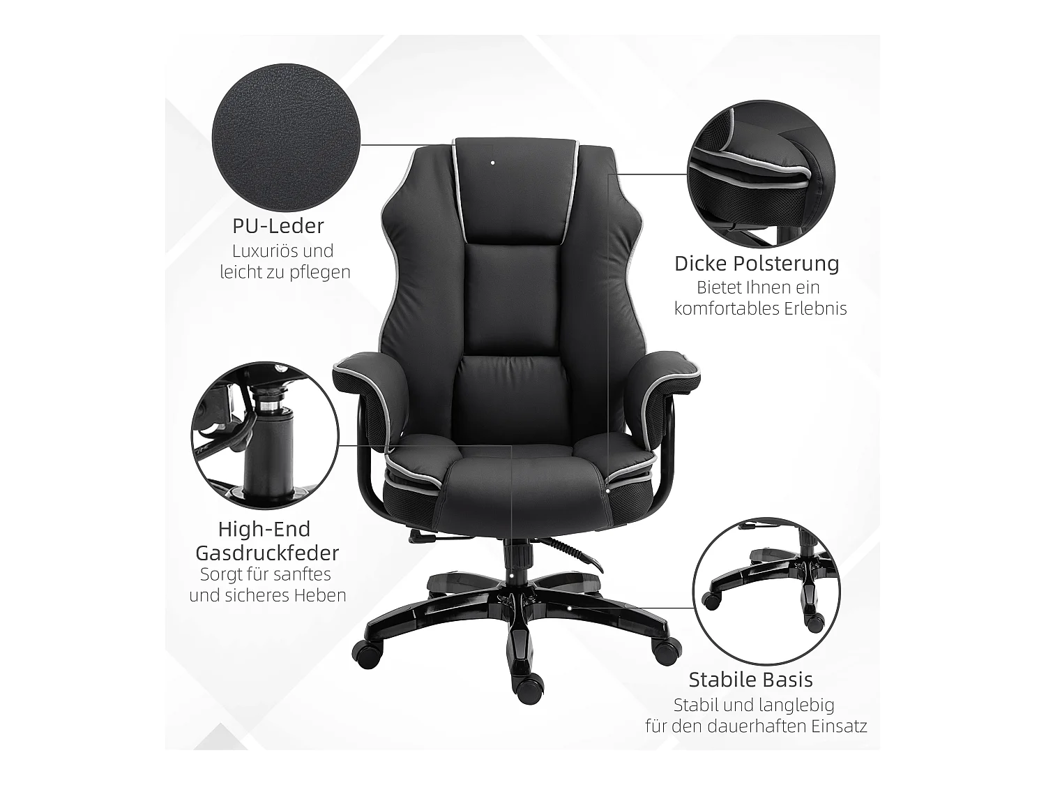 Fauteuil de bureau ergonomique, hauteur réglable, fonction bascule, simili cuir, noir (76x80x118-124cm)