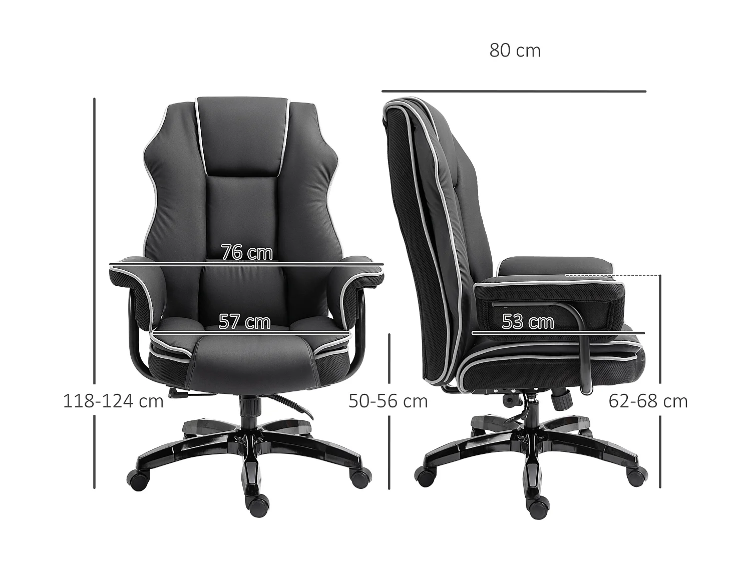 Fauteuil de bureau ergonomique, hauteur réglable, fonction bascule, simili cuir, noir (76x80x118-124cm)