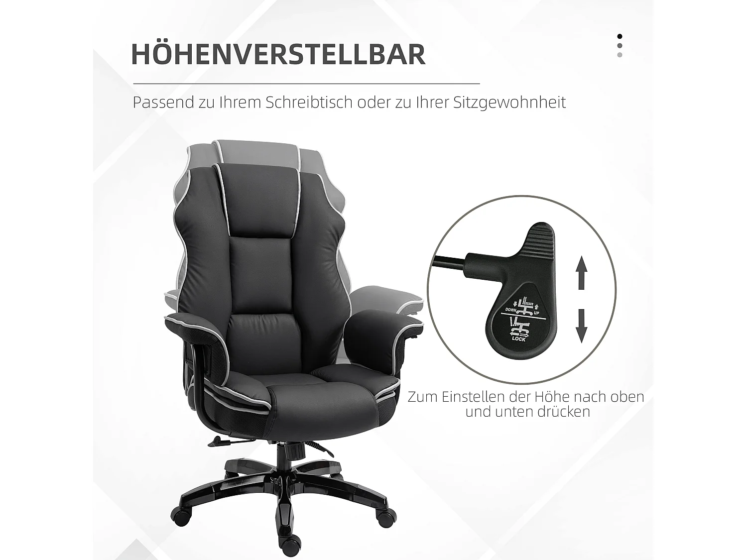 Fauteuil de bureau ergonomique, hauteur réglable, fonction bascule, simili cuir, noir (76x80x118-124cm)