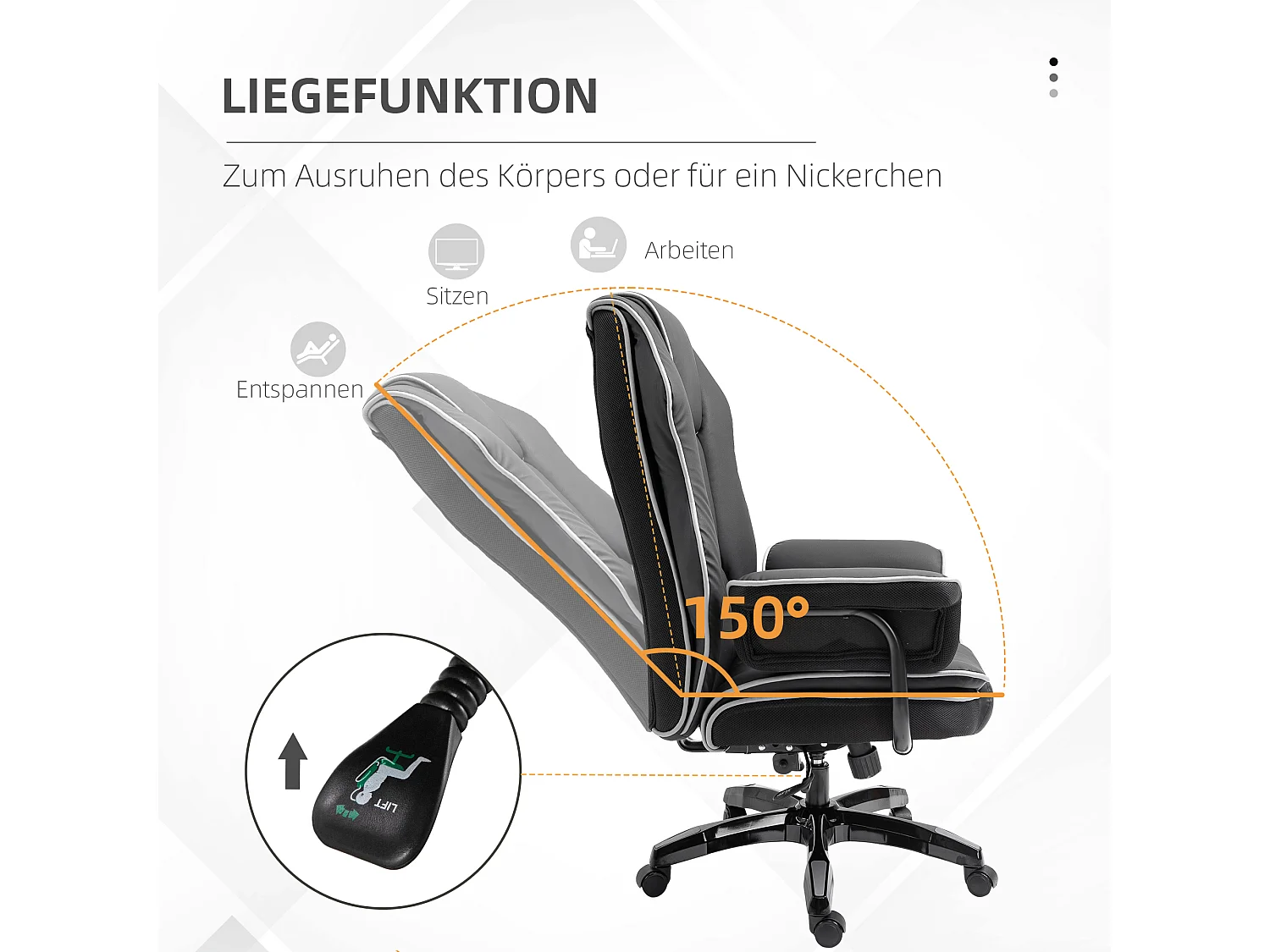 Fauteuil de bureau ergonomique, hauteur réglable, fonction bascule, simili cuir, noir (76x80x118-124cm)