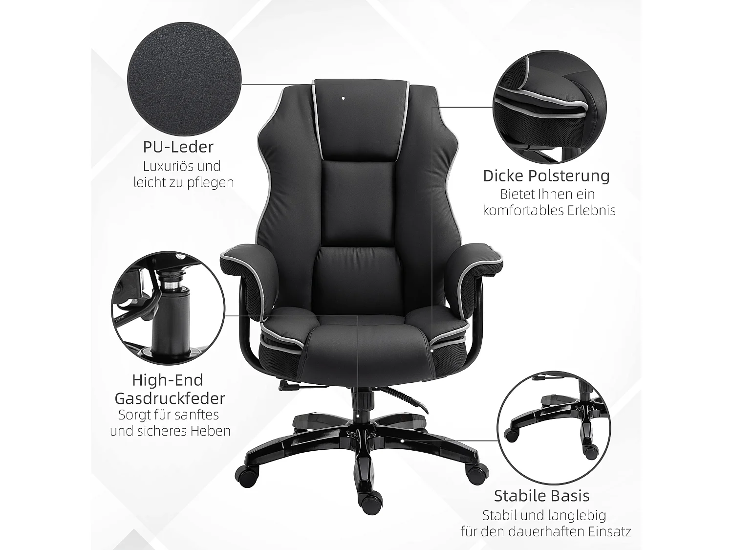 Fauteuil de bureau ergonomique, hauteur réglable, fonction bascule, simili cuir, noir (76x80x118-124cm)