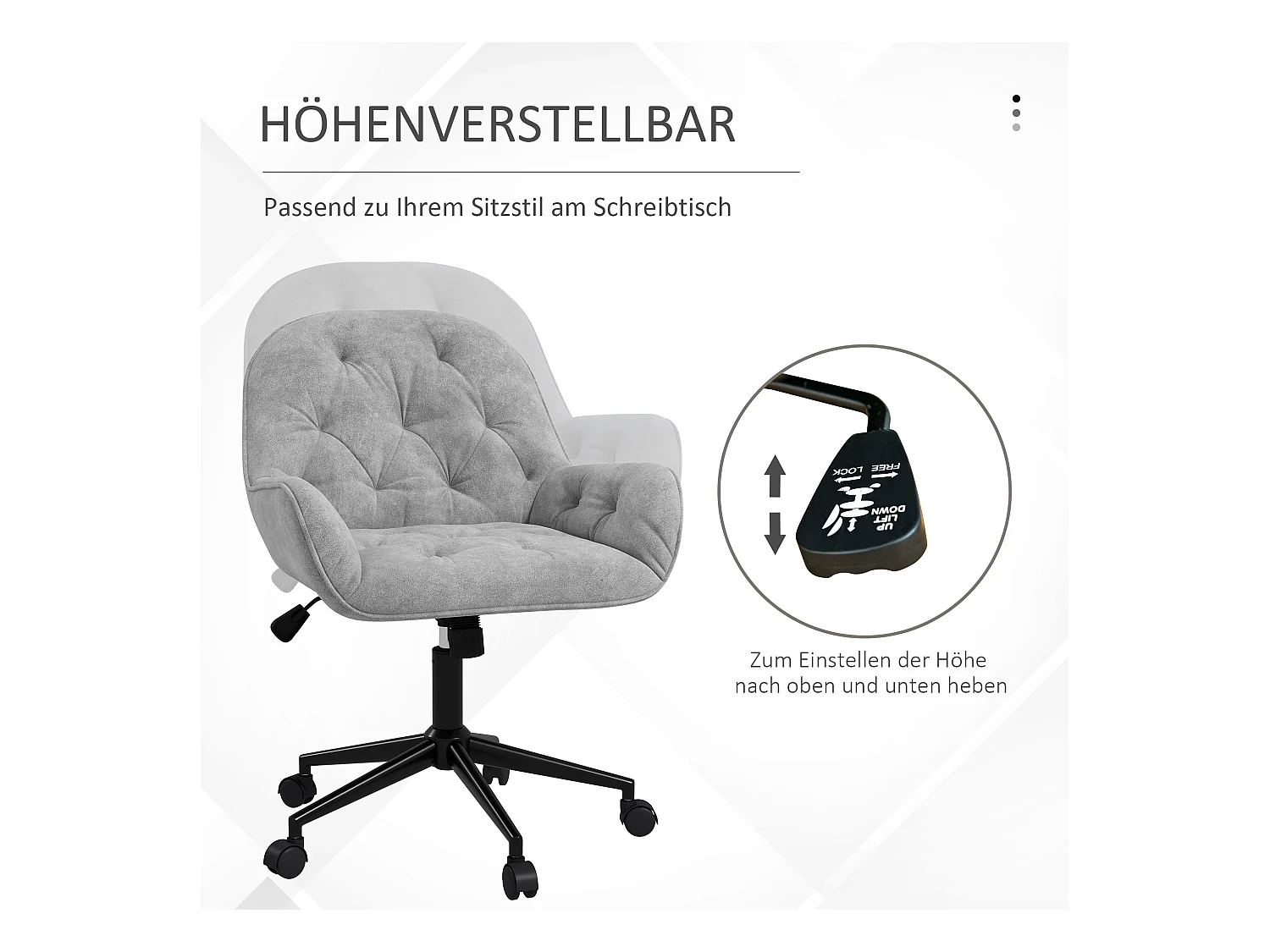 Chaise de bureau ergonomique pivotante, hauteur réglable, tissu velours gris clair, structure acier (60x61x91cm)