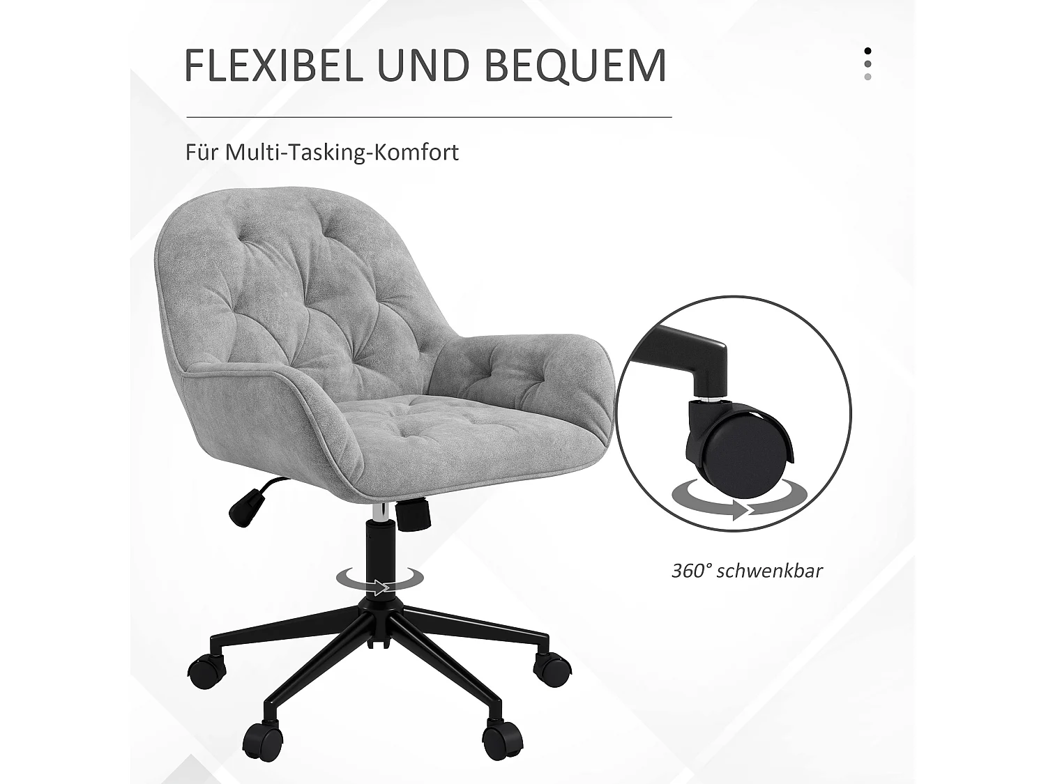 Chaise de bureau ergonomique pivotante, hauteur réglable, tissu velours gris clair, structure acier (60x61x91cm)