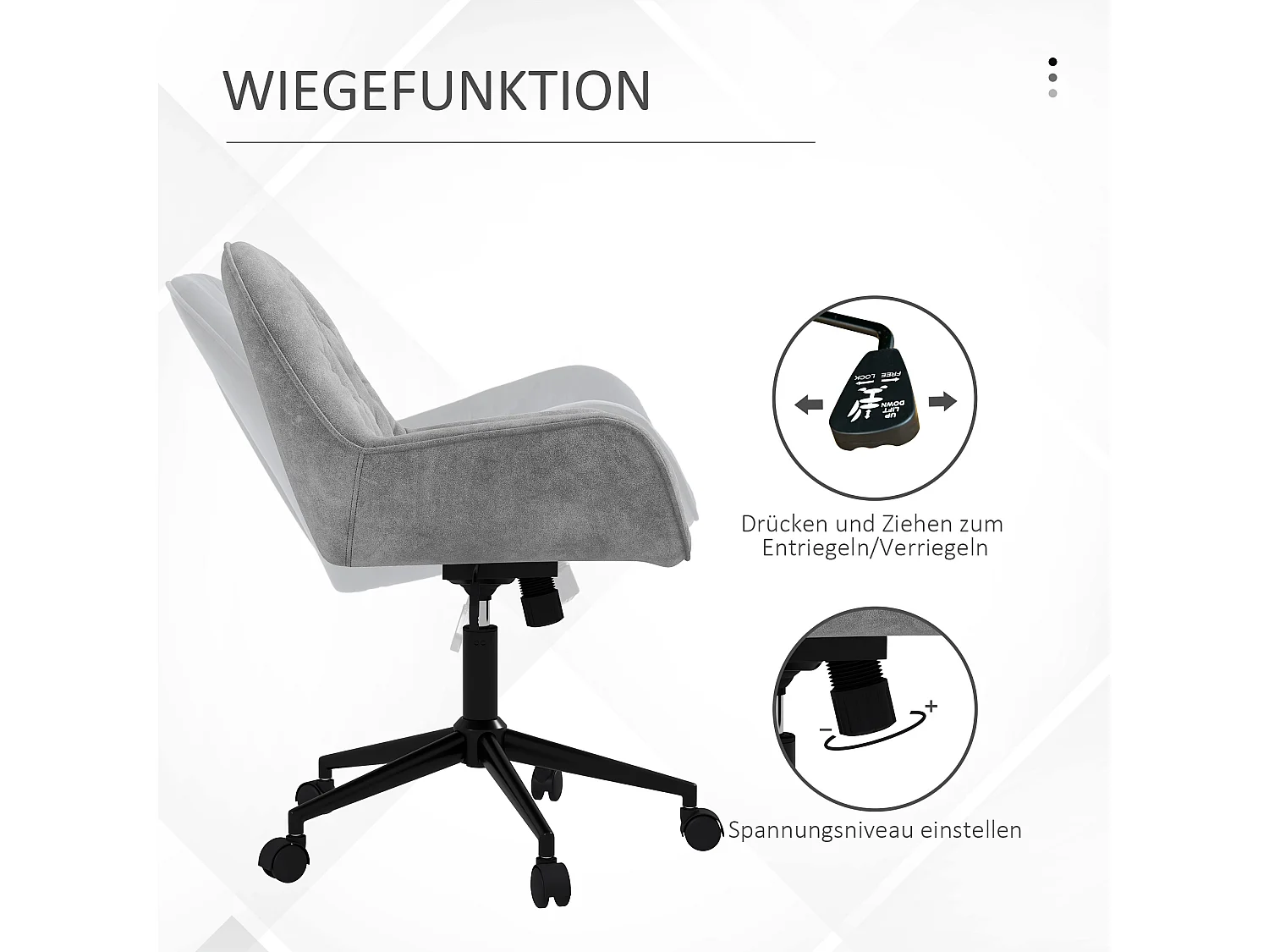 Ergonomische draaibare bureaustoel, in hoogte verstelbaar, lichtgrijze fluwelen stof, stalen frame (60x61x91cm)
