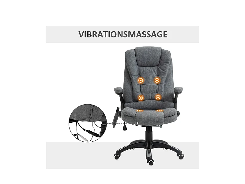 Fauteuil de bureau ergonomique avec massage et chauffage, polyester, gris foncé, réglable en hauteur (68x72x116-126cm)