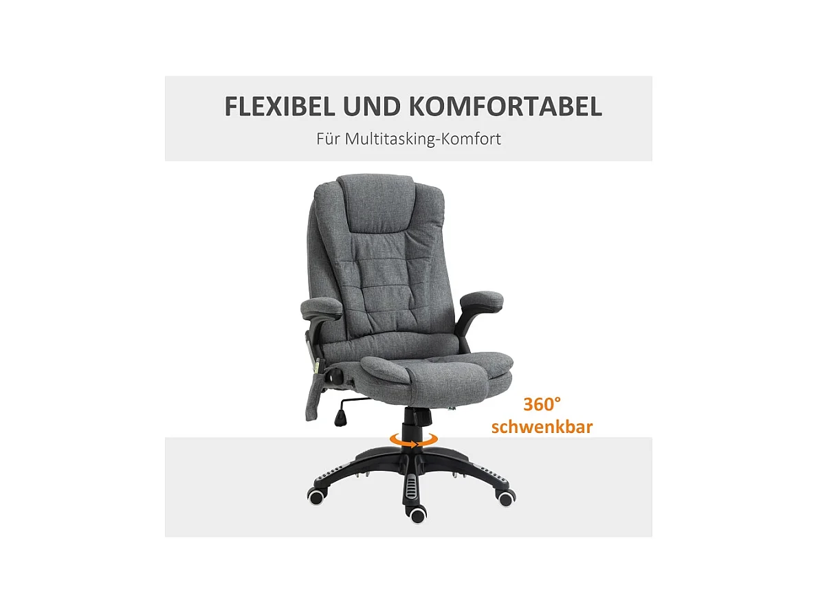 Fauteuil de bureau ergonomique avec massage et chauffage, polyester, gris foncé, réglable en hauteur (68x72x116-126cm)