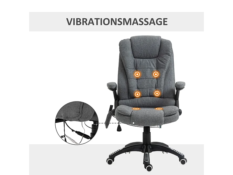 Fauteuil de bureau ergonomique avec massage et chauffage, polyester, gris foncé, réglable en hauteur (68x72x116-126cm)