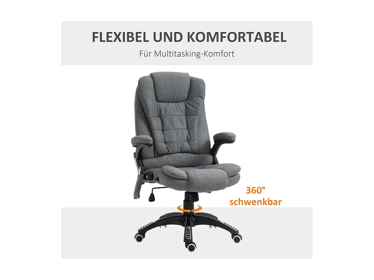 Fauteuil de bureau ergonomique avec massage et chauffage, polyester, gris foncé, réglable en hauteur (68x72x116-126cm)