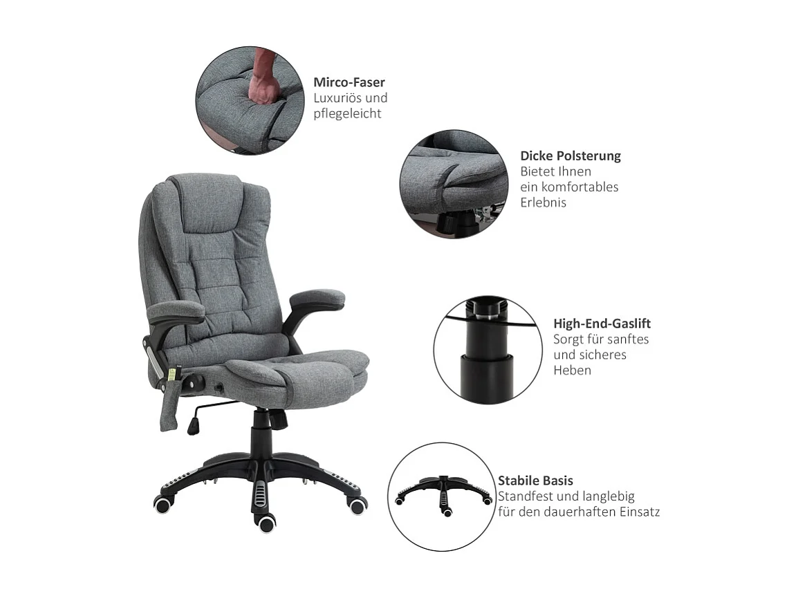 Fauteuil de bureau ergonomique avec massage et chauffage, polyester, gris foncé, réglable en hauteur (68x72x116-126cm)