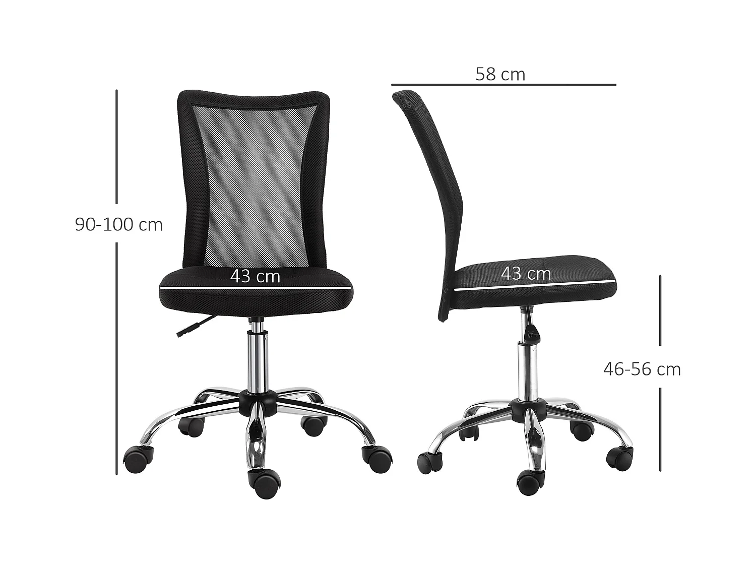 Chaise de bureau ergonomique sans accoudoirs, réglable en hauteur, polyester, noir (43x58x90-100 cm)