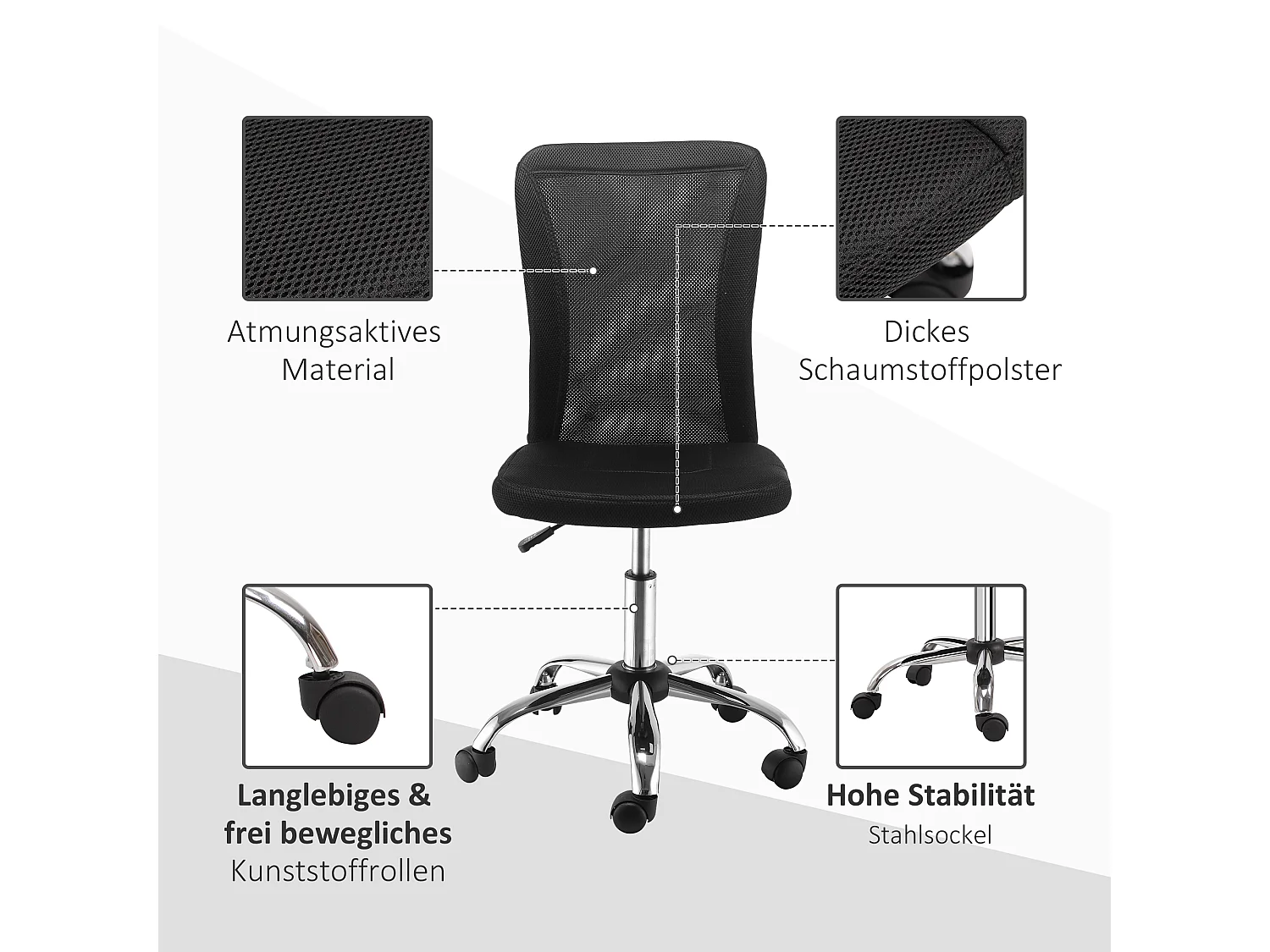 Sedia da ufficio ergonomica senza braccioli, regolabile in altezza, poliestere, nero (43x58x90-100 cm)