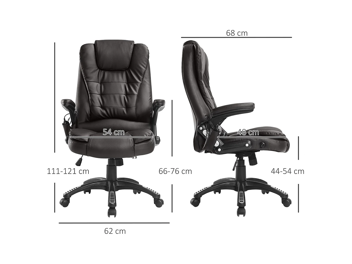 Fauteuil de bureau avec massage, 6 points de vibration, fonction chauffante, simili cuir, marron (62x68x121 cm)