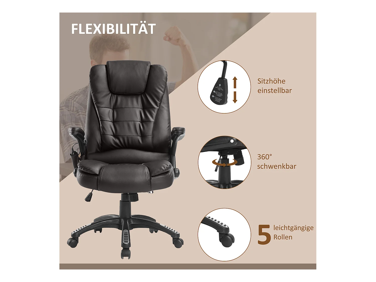 Fauteuil de bureau avec massage, 6 points de vibration, fonction chauffante, simili cuir, marron (62x68x121 cm)