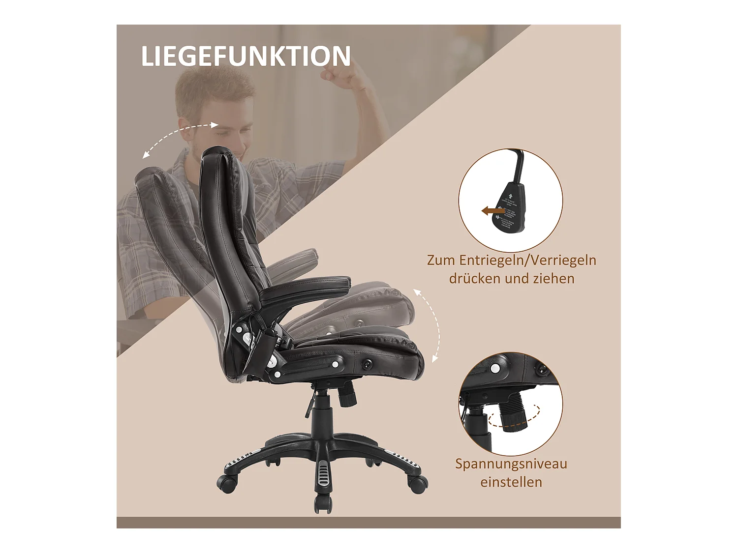 Fauteuil de bureau avec massage, 6 points de vibration, fonction chauffante, simili cuir, marron (62x68x121 cm)