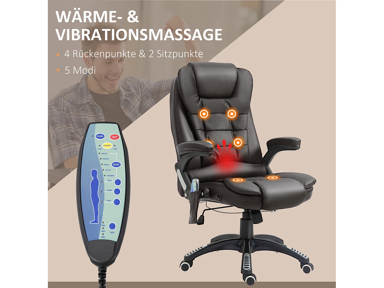 Fauteuil de bureau avec massage, 6 points de vibration, fonction chauffante, simili cuir, marron (62x68x121 cm)