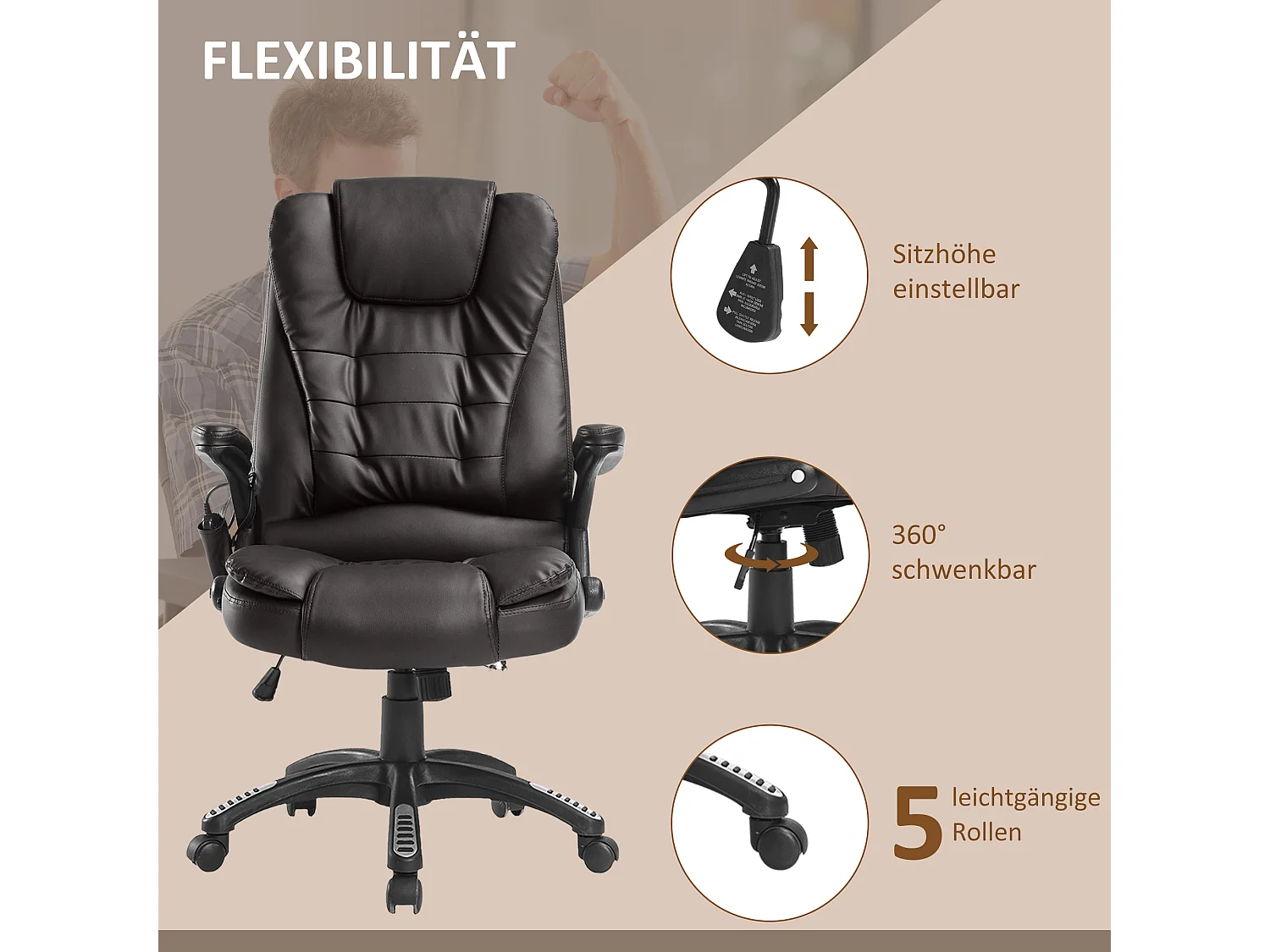 Fauteuil de bureau avec massage, 6 points de vibration, fonction chauffante, simili cuir, marron (62x68x121 cm)