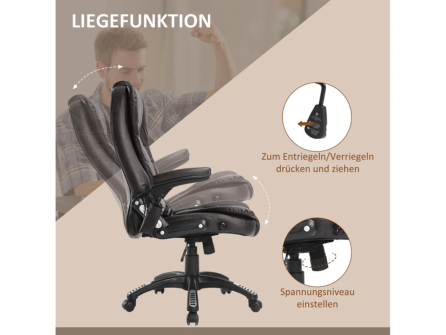 Fauteuil de bureau avec massage, 6 points de vibration, fonction chauffante, simili cuir, marron (62x68x121 cm)