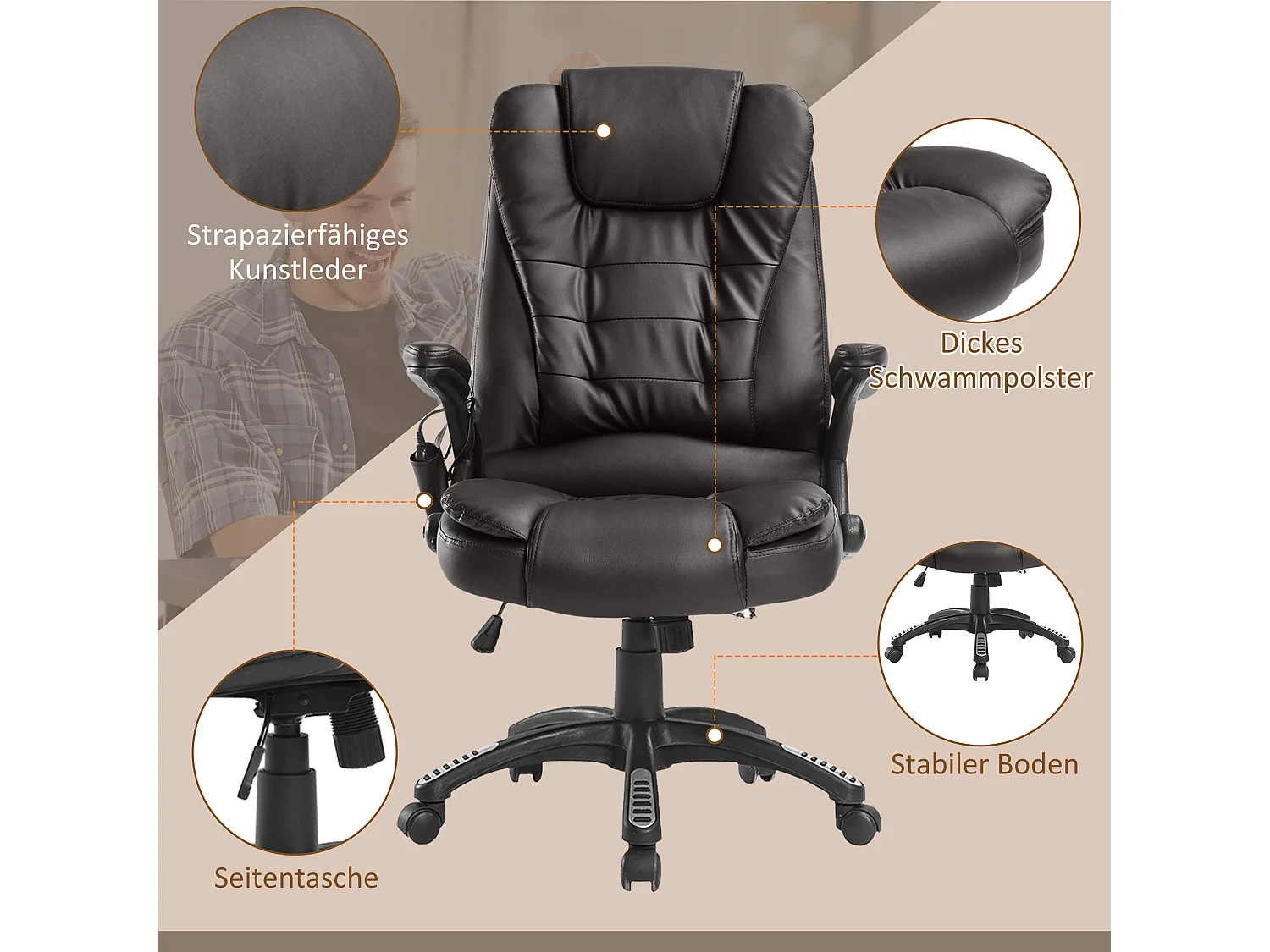 Fauteuil de bureau avec massage, 6 points de vibration, fonction chauffante, simili cuir, marron (62x68x121 cm)