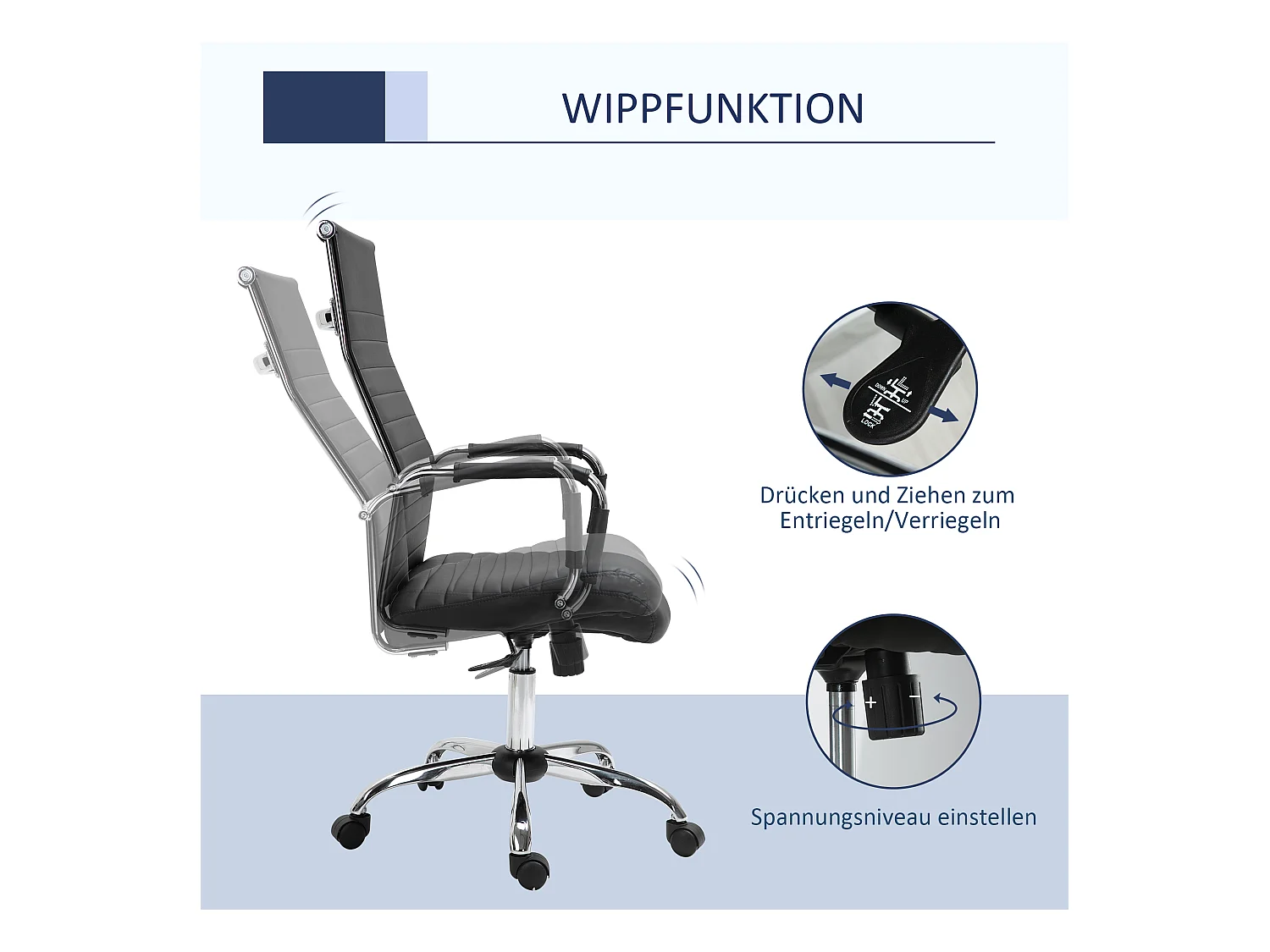 Fauteuil de bureau ergonomique avec fonction bascule, cuir synthétique, noir (54x62x114 cm)