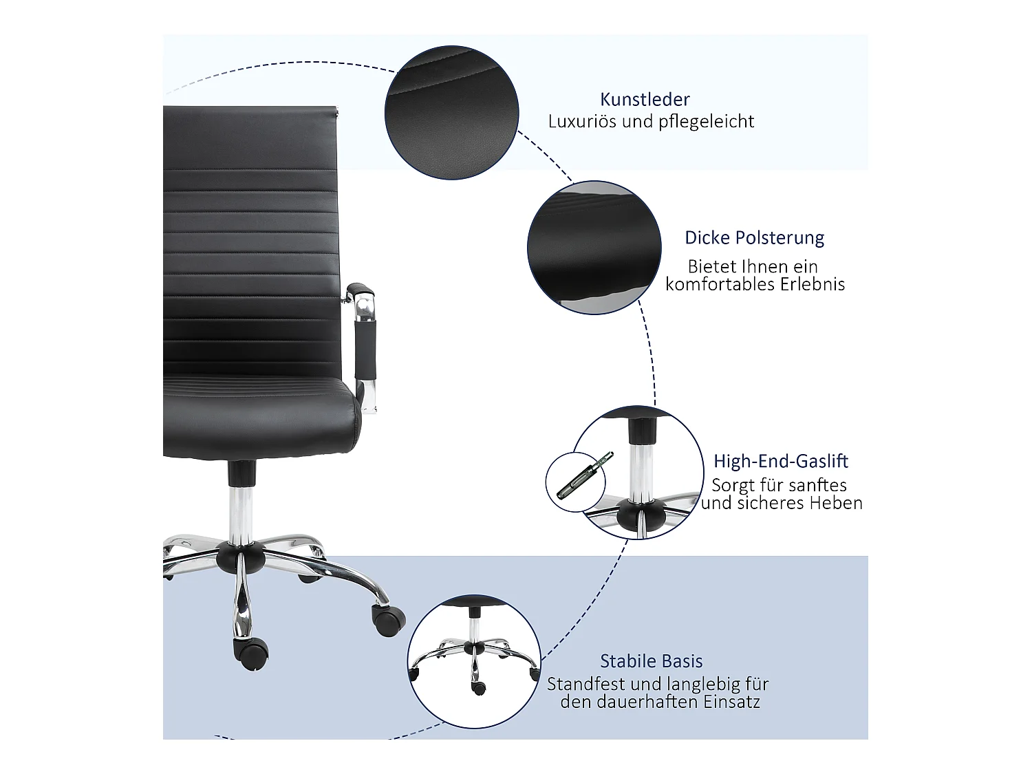 Fauteuil de bureau ergonomique avec fonction bascule, cuir synthétique, noir (54x62x114 cm)