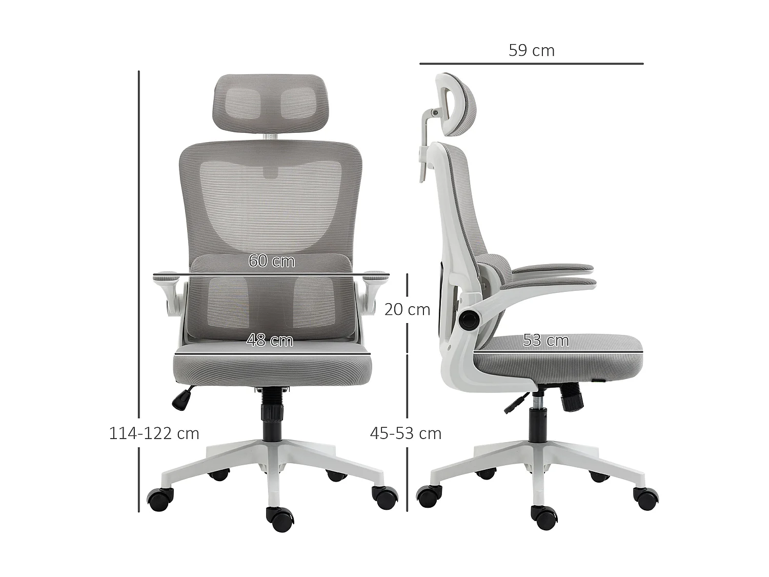 Sedia da ufficio ergonomica, regolabile in altezza, con poggiatesta, braccioli e supporto lombare, grigia (60x59x122 cm)