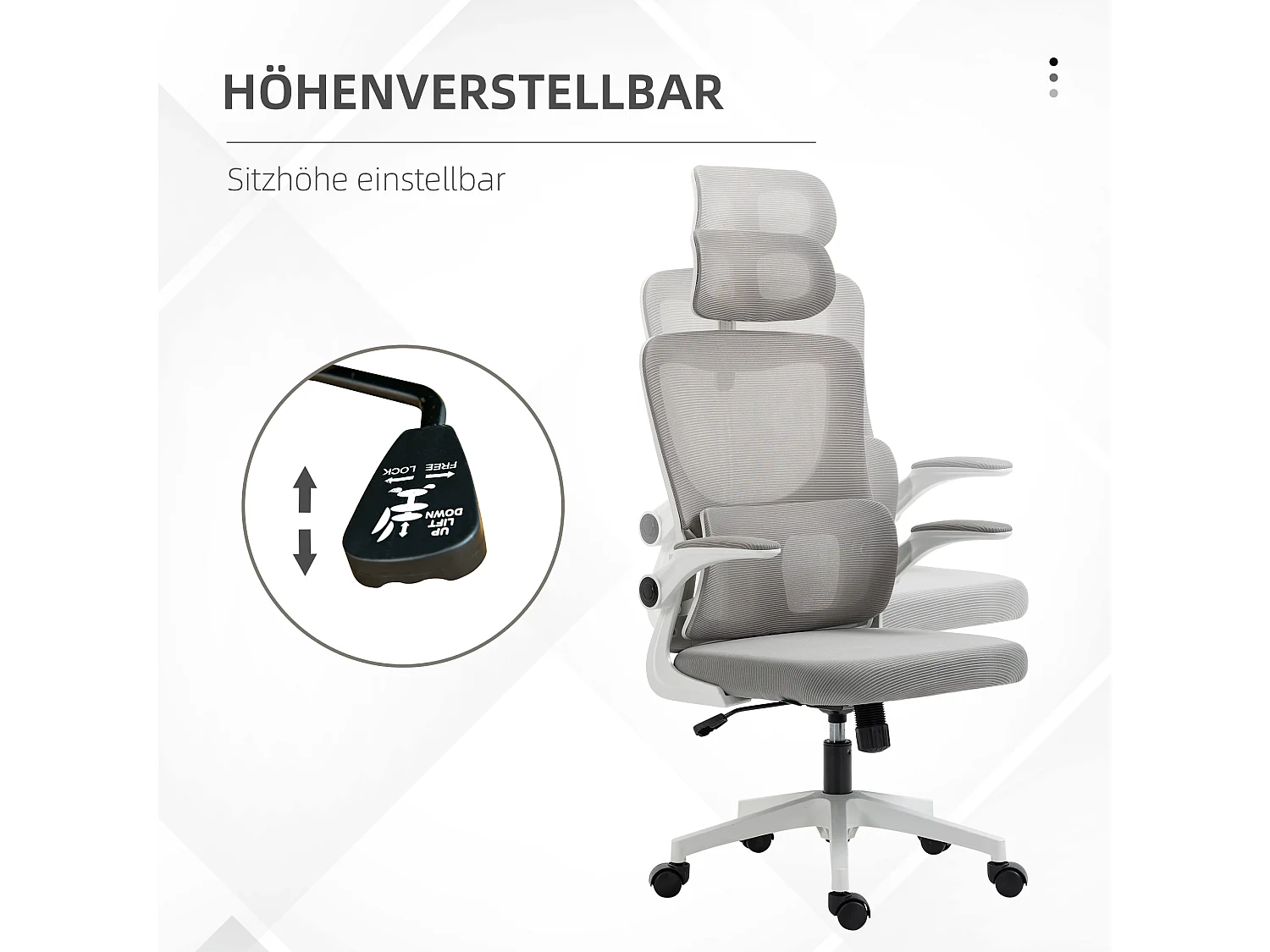 Sedia da ufficio ergonomica, regolabile in altezza, con poggiatesta, braccioli e supporto lombare, grigia (60x59x122 cm)