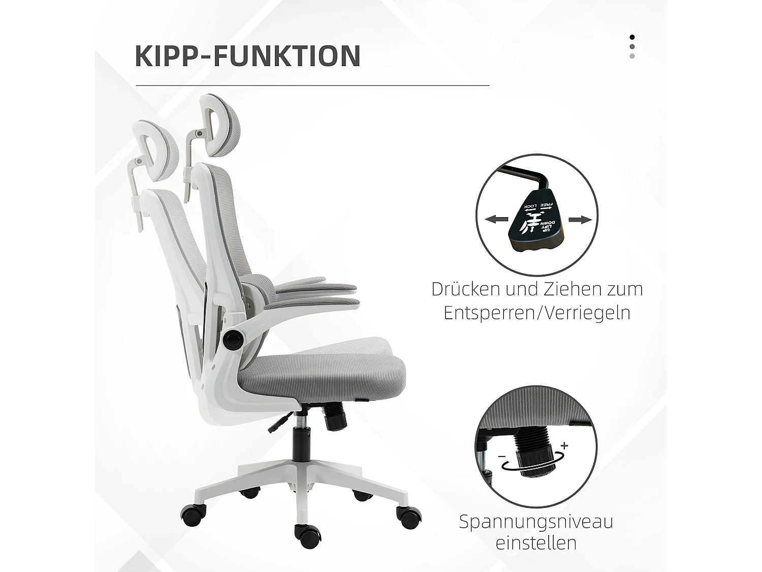 Sedia da ufficio ergonomica, regolabile in altezza, con poggiatesta, braccioli e supporto lombare, grigia (60x59x122 cm)