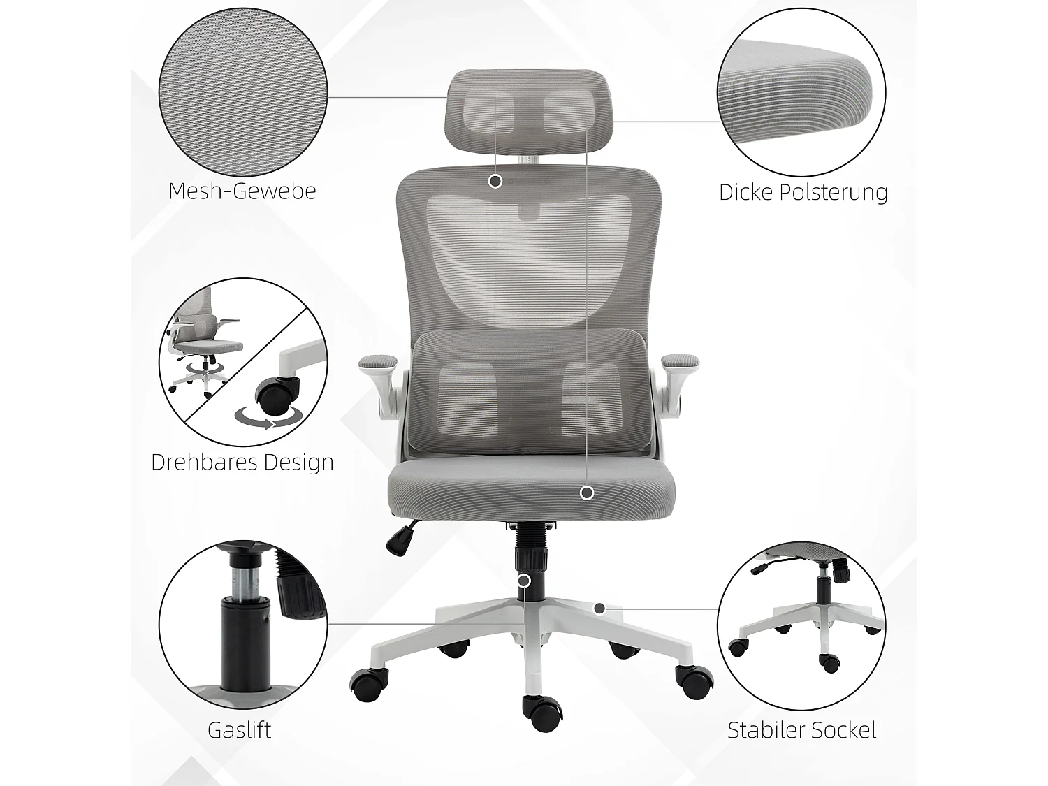 Sedia da ufficio ergonomica, regolabile in altezza, con poggiatesta, braccioli e supporto lombare, grigia (60x59x122 cm)
