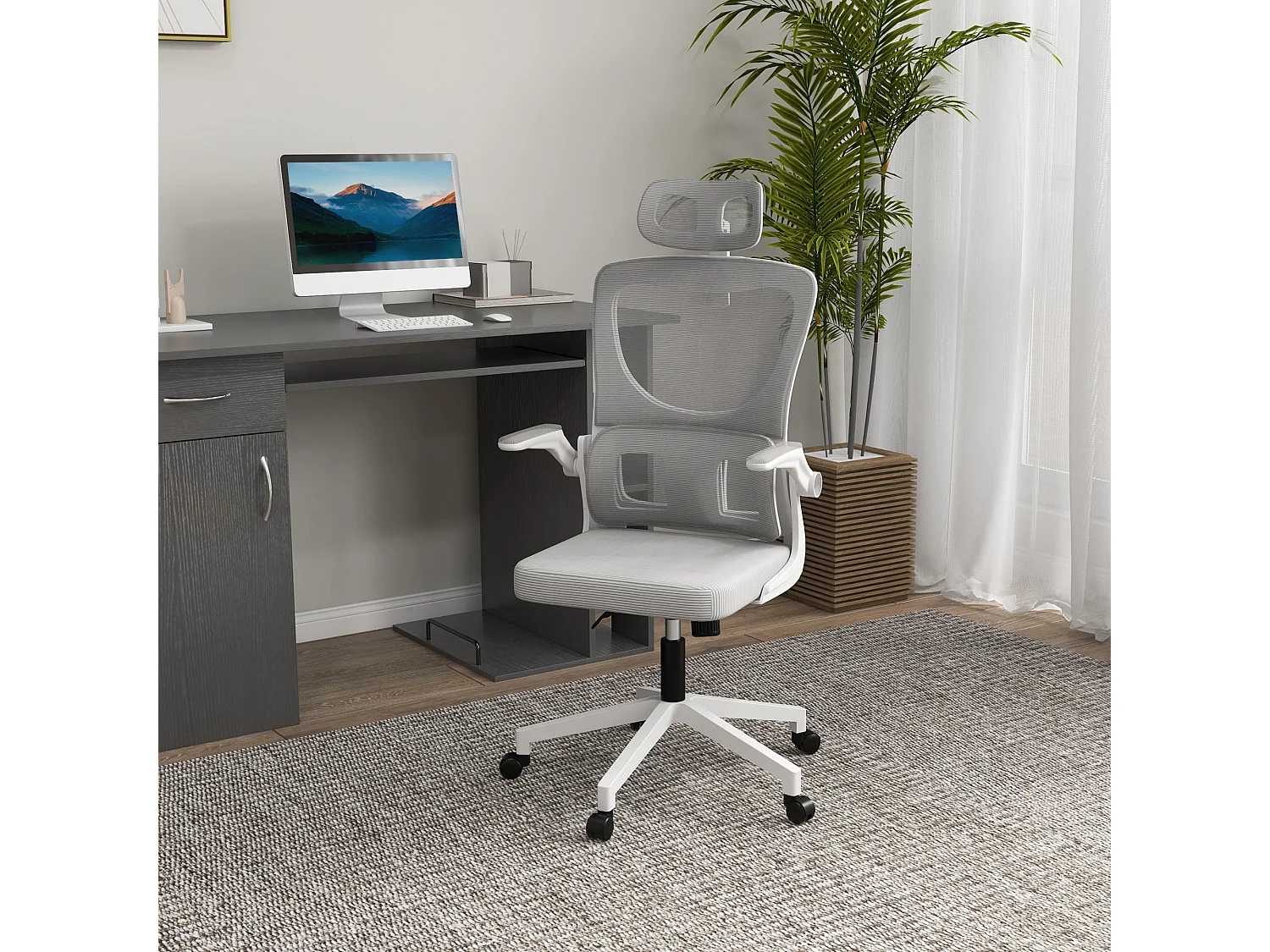 Chaise de bureau ergonomique, ajustable en hauteur, avec appui-tête, accoudoirs et soutien lombaire, gris (60x59x122 cm)