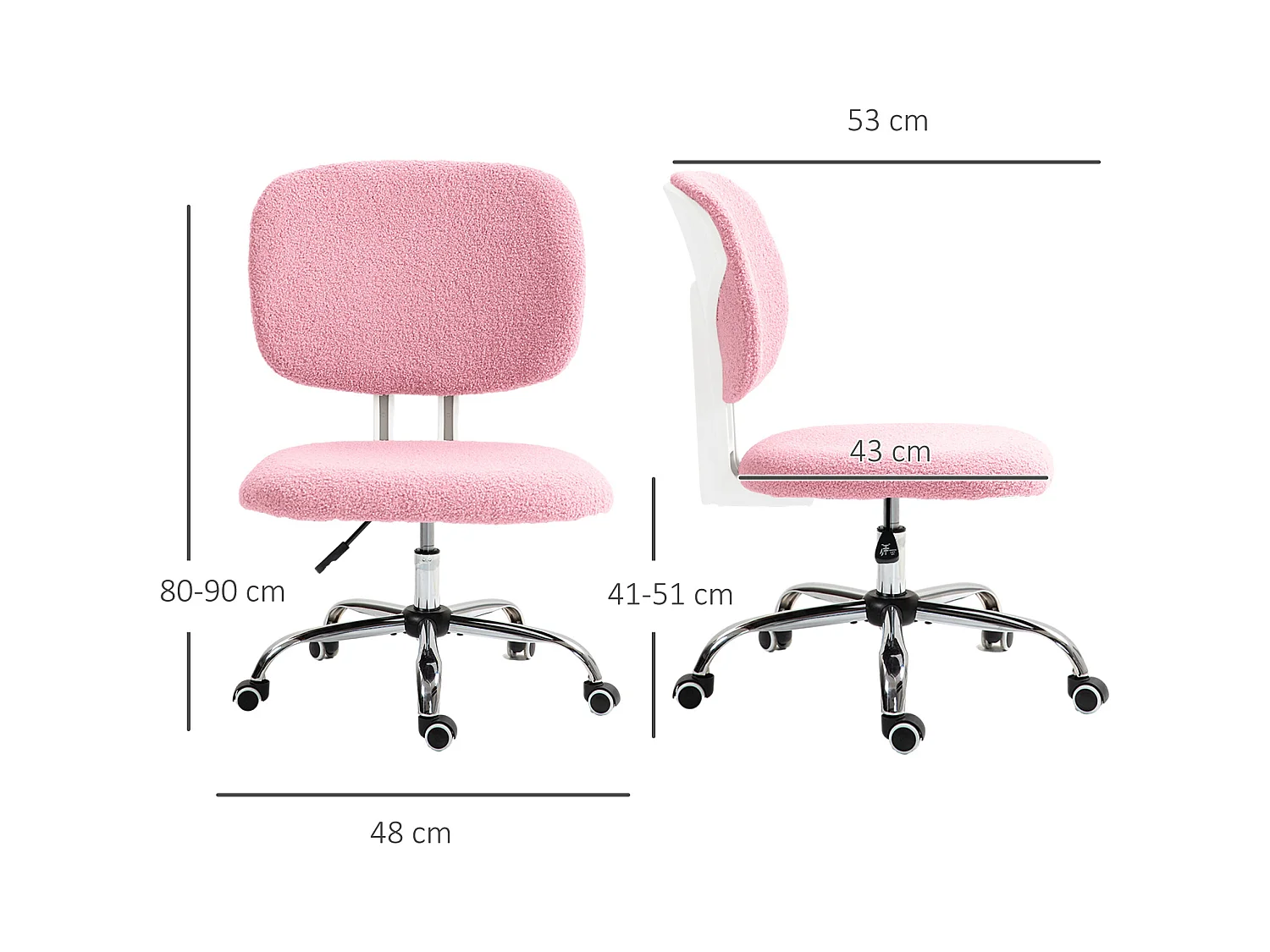 Chaise de bureau ergonomique sans accoudoirs, réglable en hauteur, velours, rose (48x53x90 cm)
