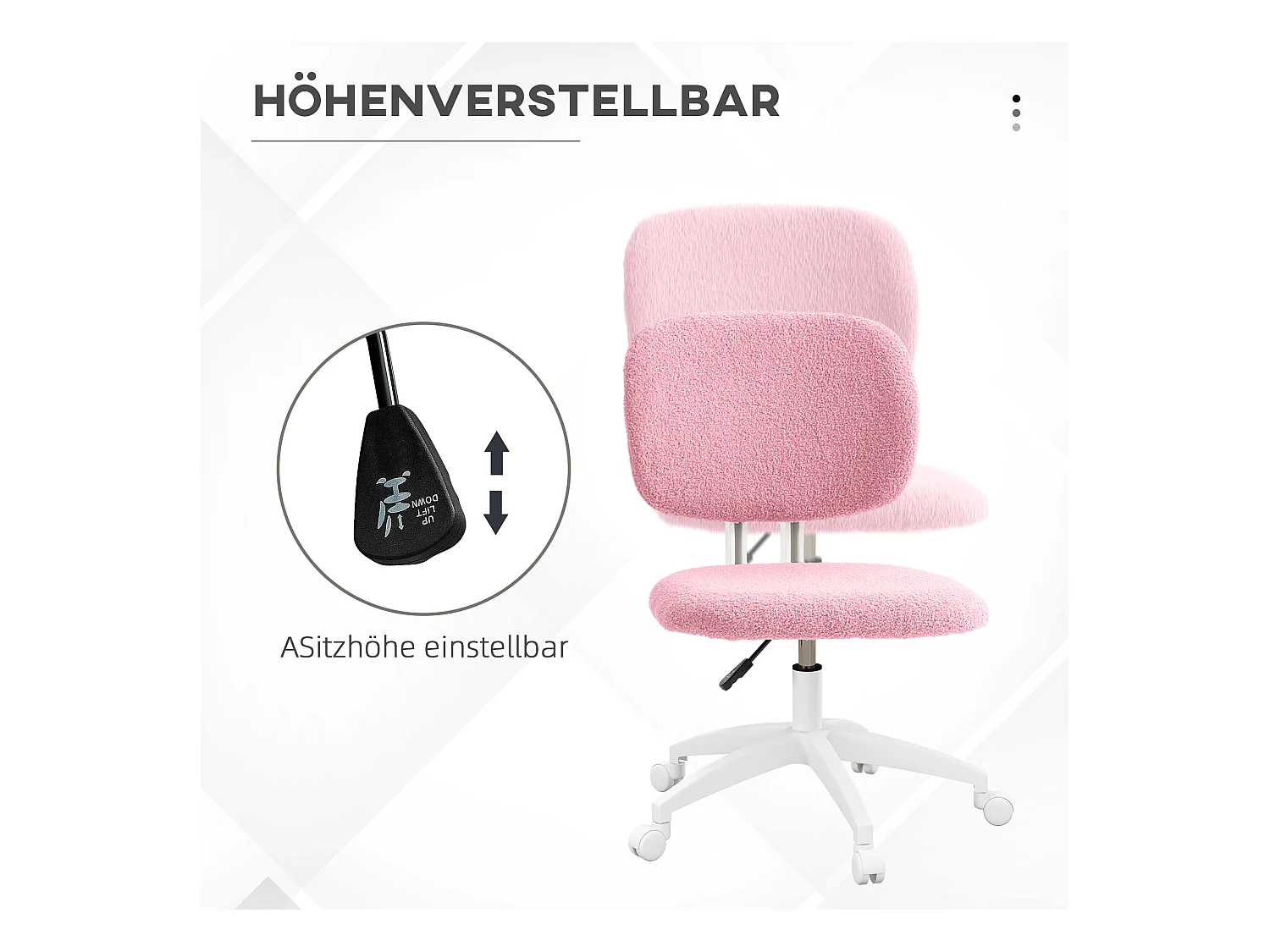 Chaise de bureau ergonomique sans accoudoirs, réglable en hauteur, velours, rose (48x53x90 cm)