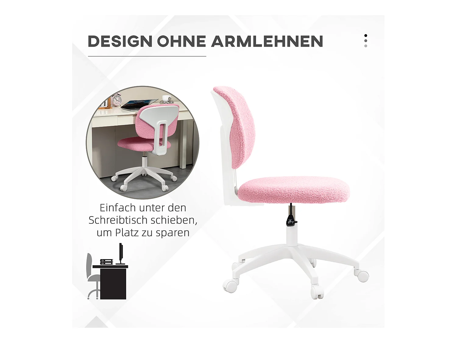 Chaise de bureau ergonomique sans accoudoirs, réglable en hauteur, velours, rose (48x53x90 cm)