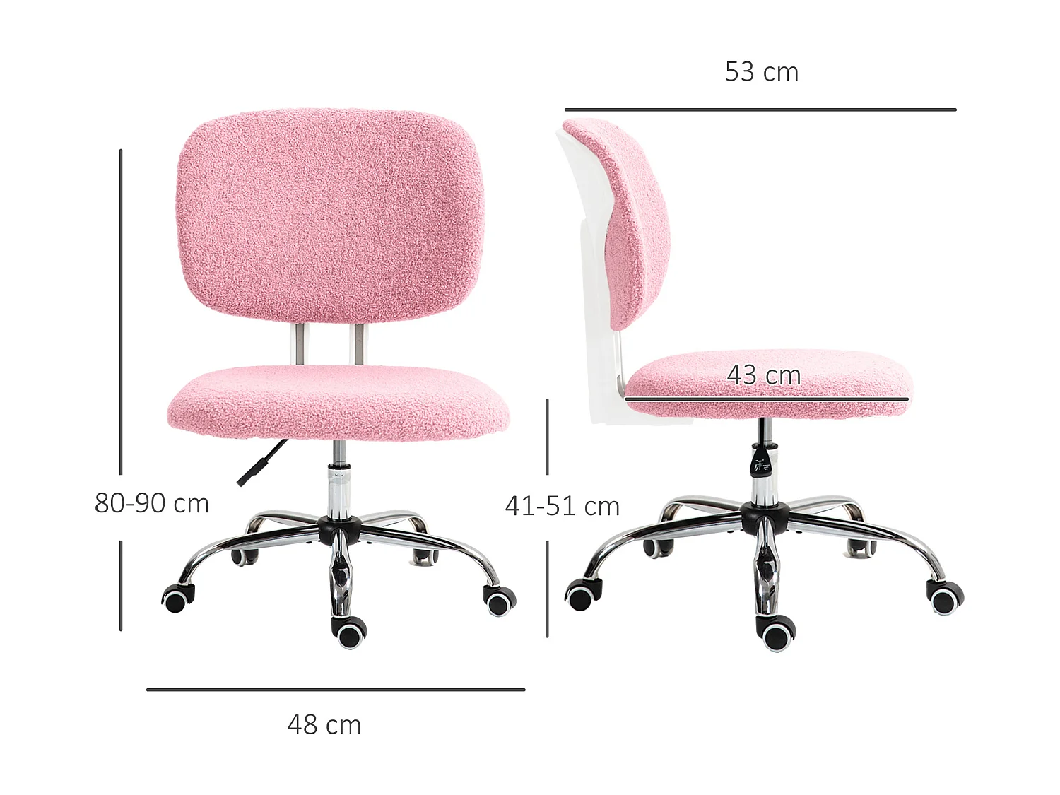 Chaise de bureau ergonomique sans accoudoirs, réglable en hauteur, velours, rose (48x53x90 cm)