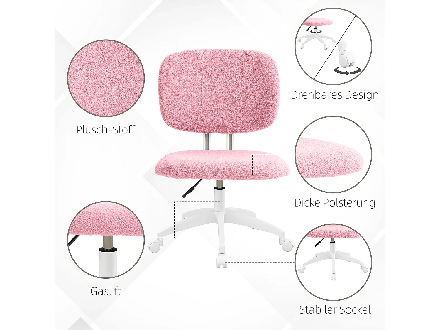 Chaise de bureau ergonomique sans accoudoirs, réglable en hauteur, velours, rose (48x53x90 cm)