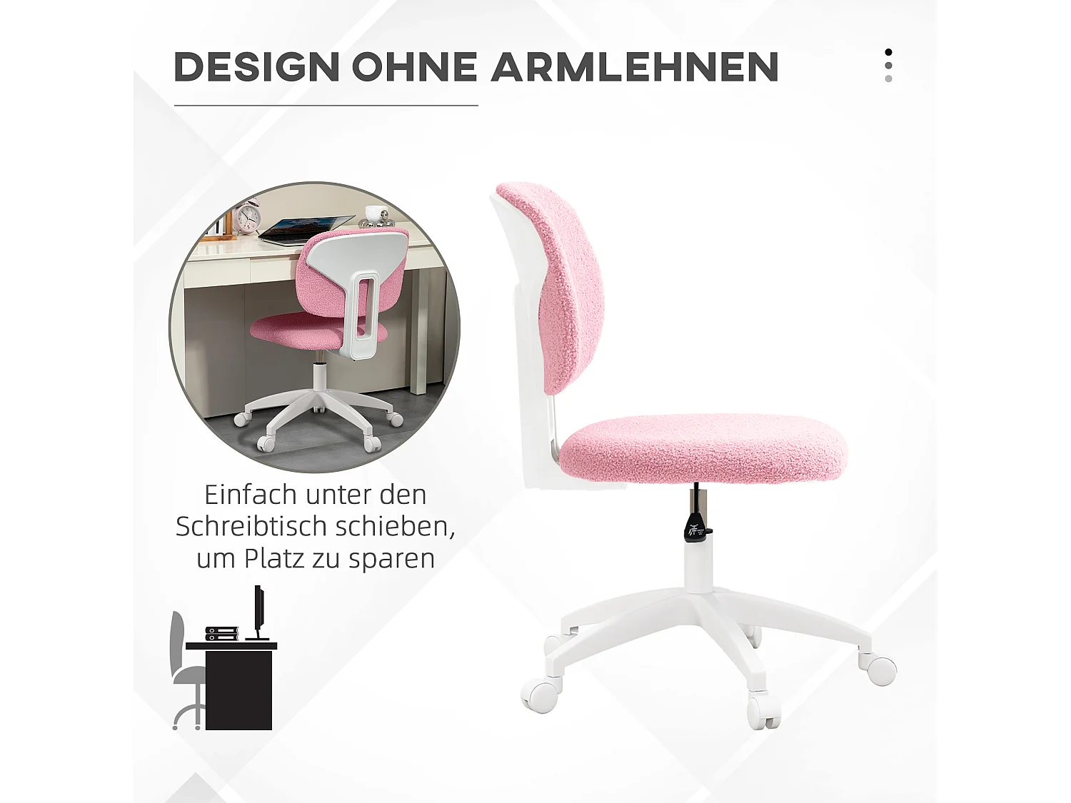 Chaise de bureau ergonomique sans accoudoirs, réglable en hauteur, velours, rose (48x53x90 cm)