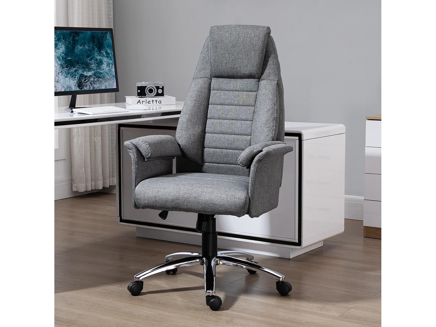 Fauteuil de bureau ergonomique hauteur réglable, design rétro, métal et tissu gris (68x69x126cm)