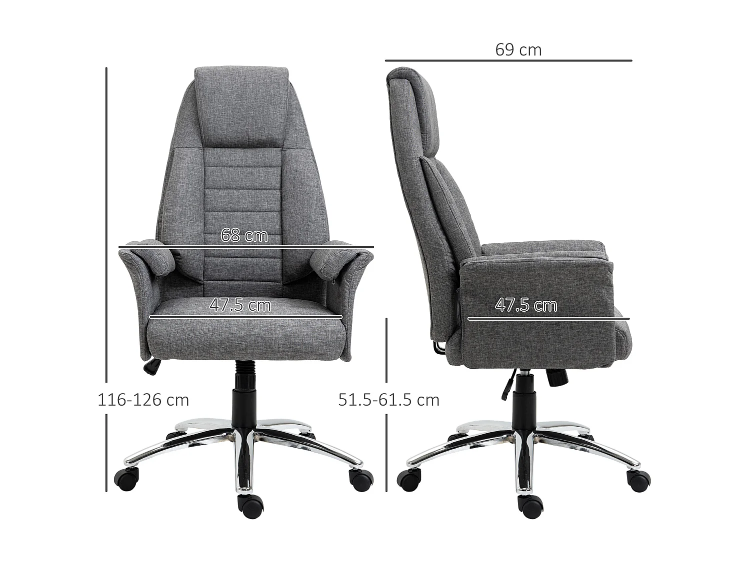 Fauteuil de bureau ergonomique hauteur réglable, design rétro, métal et tissu gris (68x69x126cm)