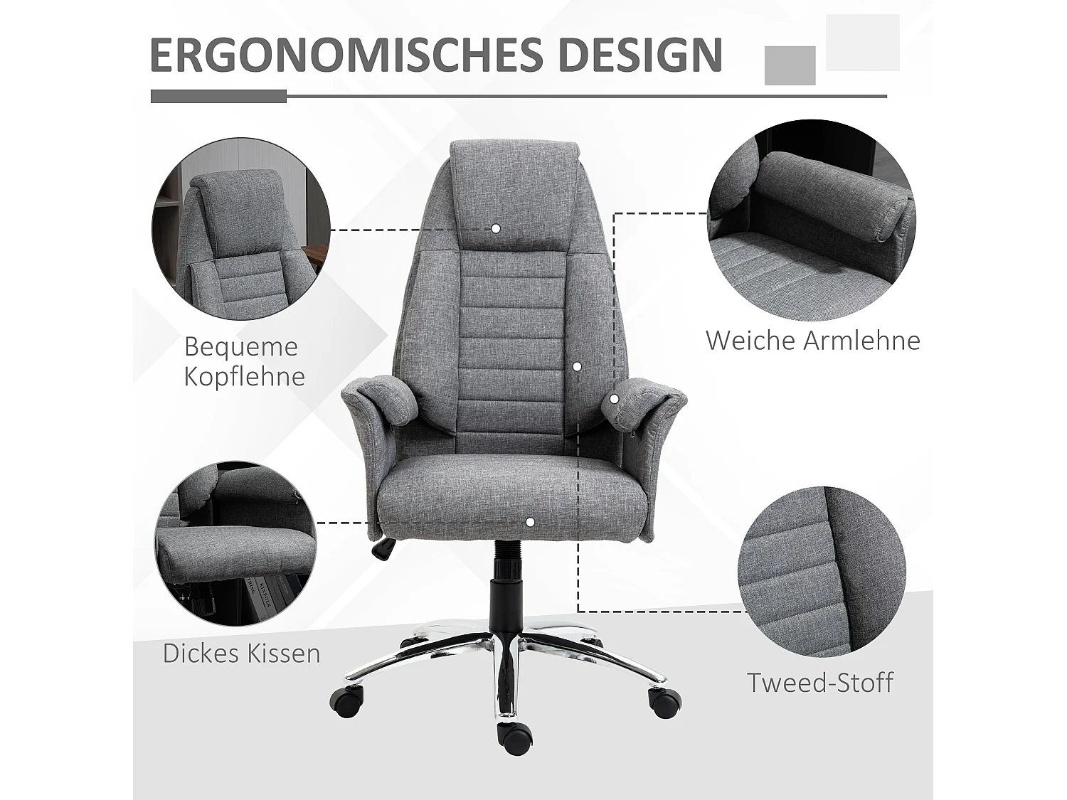 Fauteuil de bureau ergonomique hauteur réglable, design rétro, métal et tissu gris (68x69x126cm)