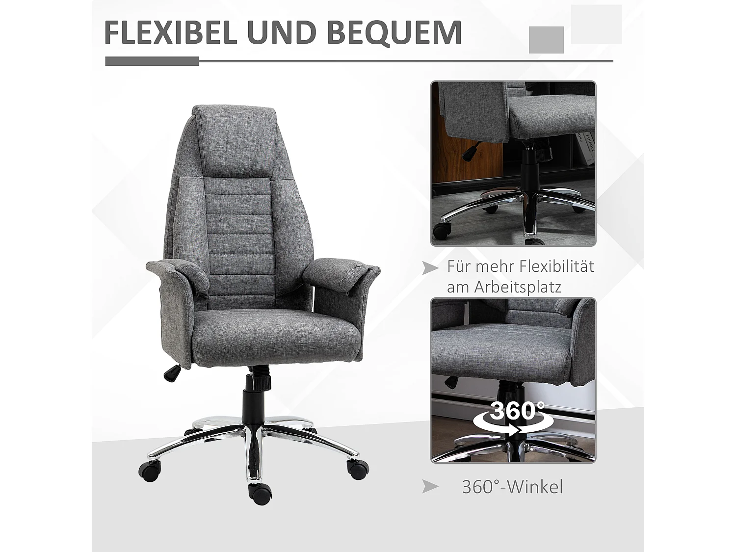 Fauteuil de bureau ergonomique hauteur réglable, design rétro, métal et tissu gris (68x69x126cm)