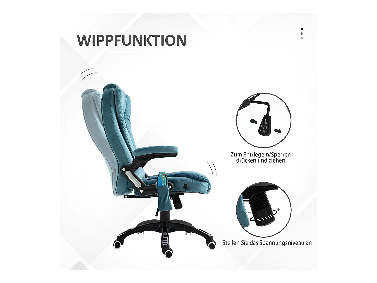 Fauteuil de bureau avec massage et fonction chauffante, chaise de gaming réglable en hauteur, jusqu'à 120 kg, Polyester, Bleu (68x72x110-120 cm)