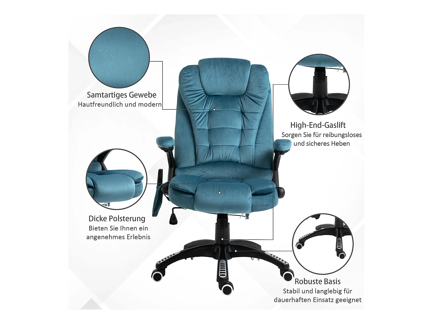 Fauteuil de bureau avec massage et fonction chauffante, chaise de gaming réglable en hauteur, jusqu'à 120 kg, Polyester, Bleu (68x72x110-120 cm)