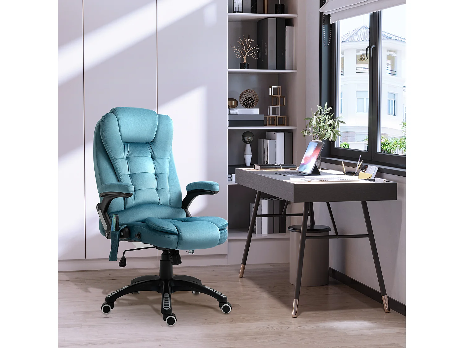 Fauteuil de bureau avec massage et fonction chauffante, chaise de gaming réglable en hauteur, jusqu'à 120 kg, Polyester, Bleu (68x72x110-120 cm)
