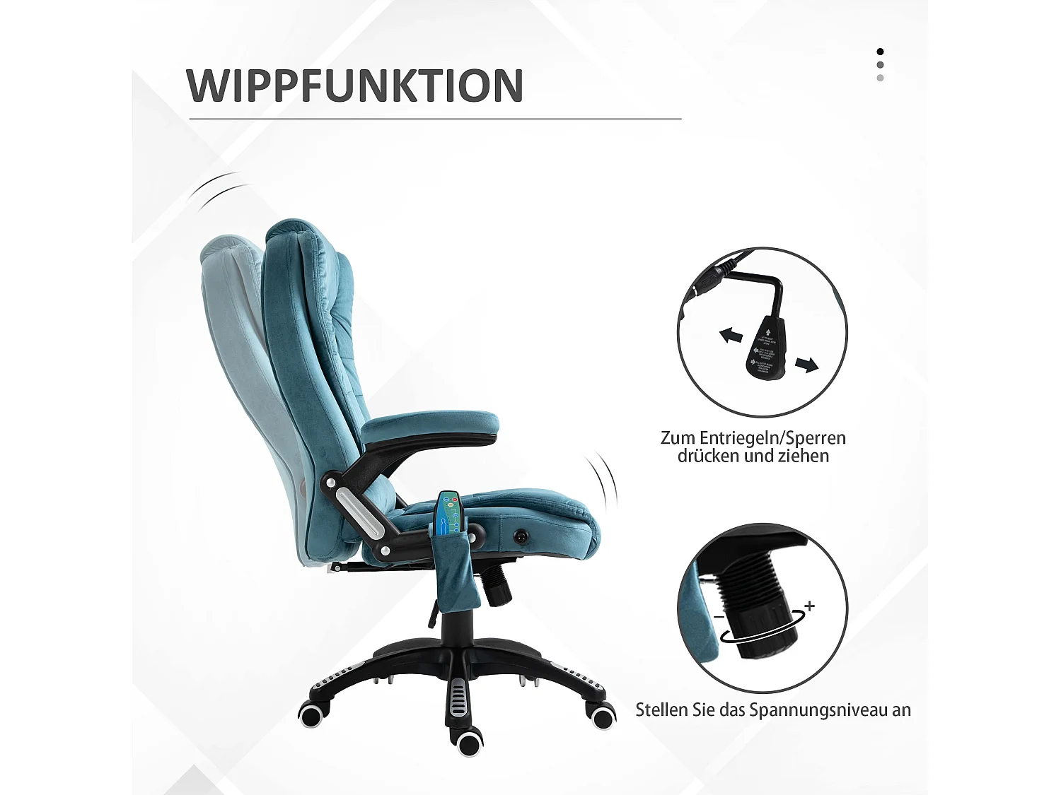Fauteuil de bureau avec massage et fonction chauffante, chaise de gaming réglable en hauteur, jusqu'à 120 kg, Polyester, Bleu (68x72x110-120 cm)