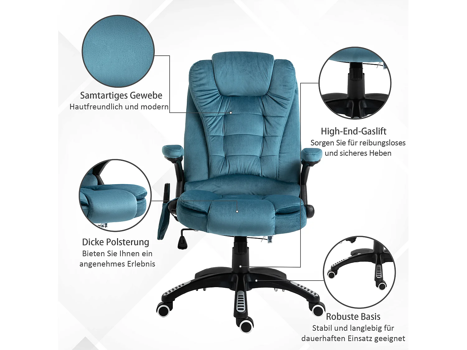 Fauteuil de bureau avec massage et fonction chauffante, chaise de gaming réglable en hauteur, jusqu'à 120 kg, Polyester, Bleu (68x72x110-120 cm)