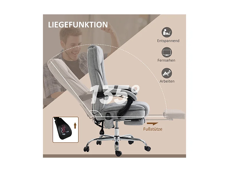 Chaise de bureau ergonomique avec massage, fonction de chauffe, tissu polyester, gris (67x72x119 cm)