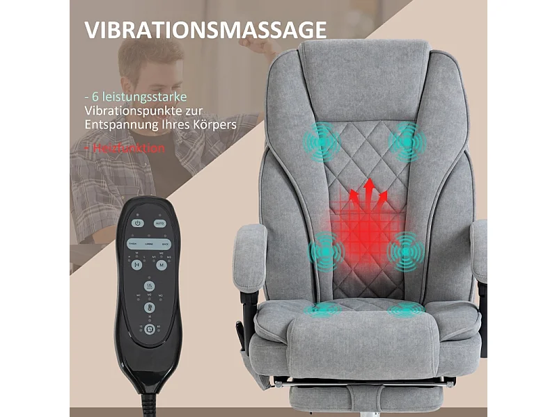 Ergonomische bureaustoel met massage, verwarmingsfunctie, polyesterstof, grijs (67x72x119 cm)