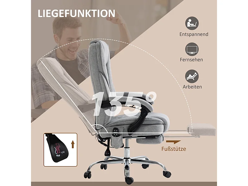 Ergonomische bureaustoel met massage, verwarmingsfunctie, polyesterstof, grijs (67x72x119 cm)