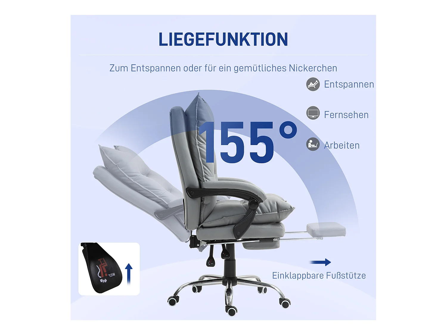 Fauteuil de bureau inclinable, ergonomique, simili cuir gris clair, repose-pieds, réglable (66x72x122-130cm)