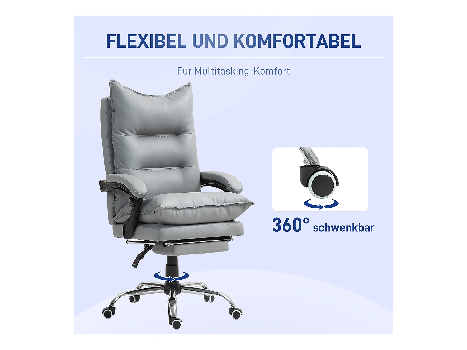 Fauteuil de bureau inclinable, ergonomique, simili cuir gris clair, repose-pieds, réglable (66x72x122-130cm)