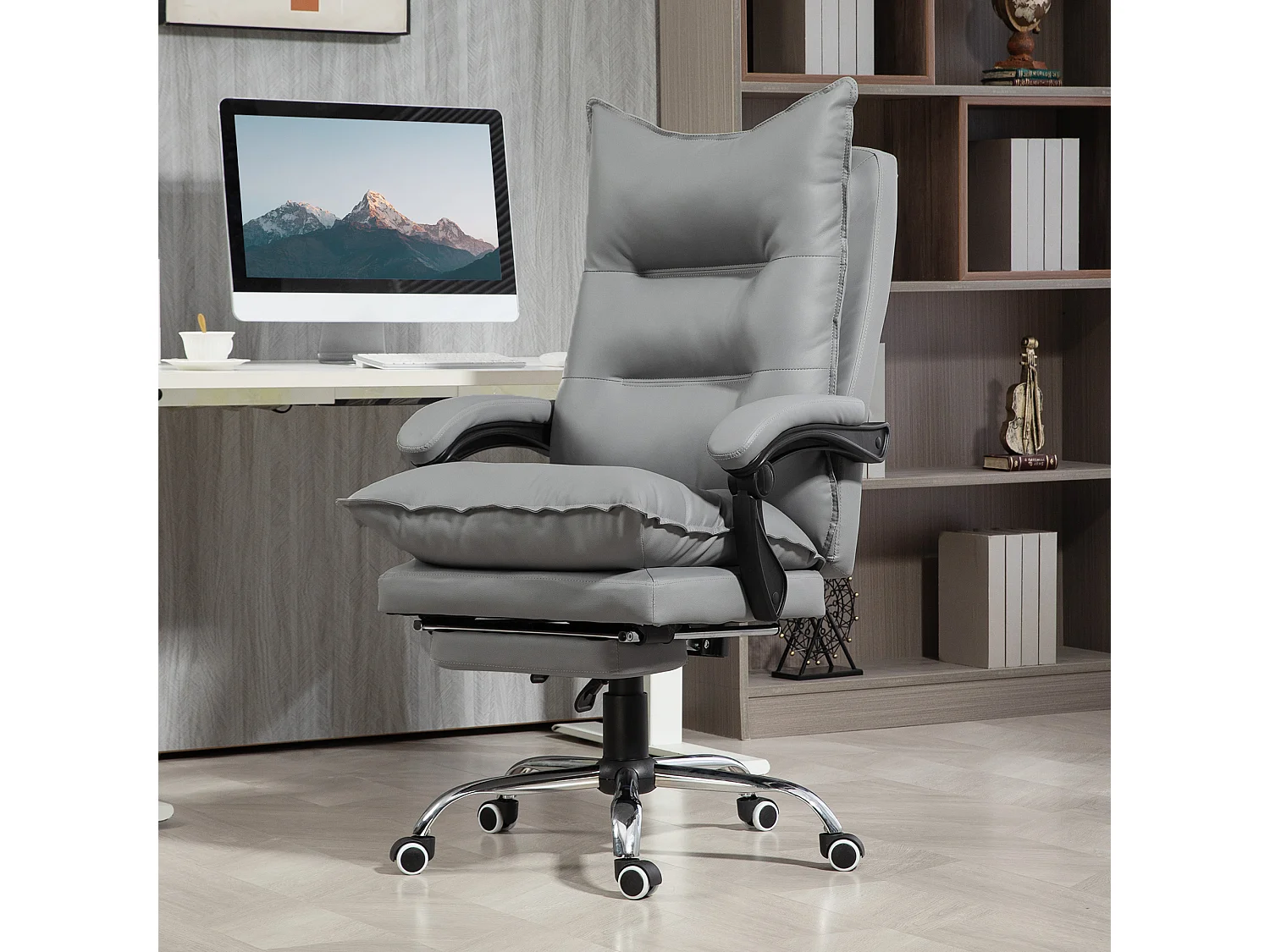 Fauteuil de bureau inclinable, ergonomique, simili cuir gris clair, repose-pieds, réglable (66x72x122-130cm)